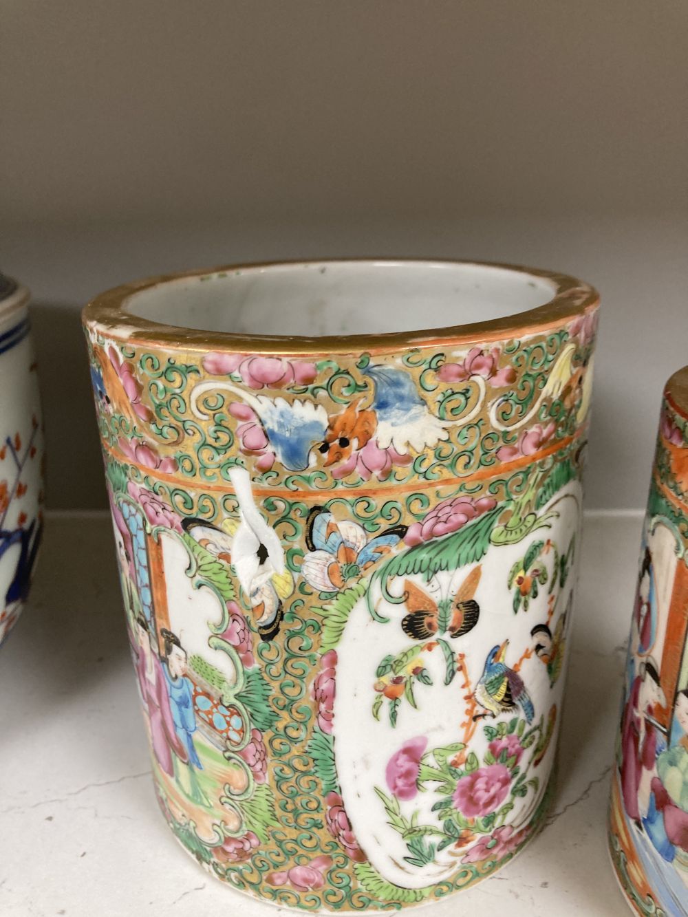 Two 19th century Chinese famille rose brushpots, and other Chinese and Japanese porcelain items, 18th-20th century